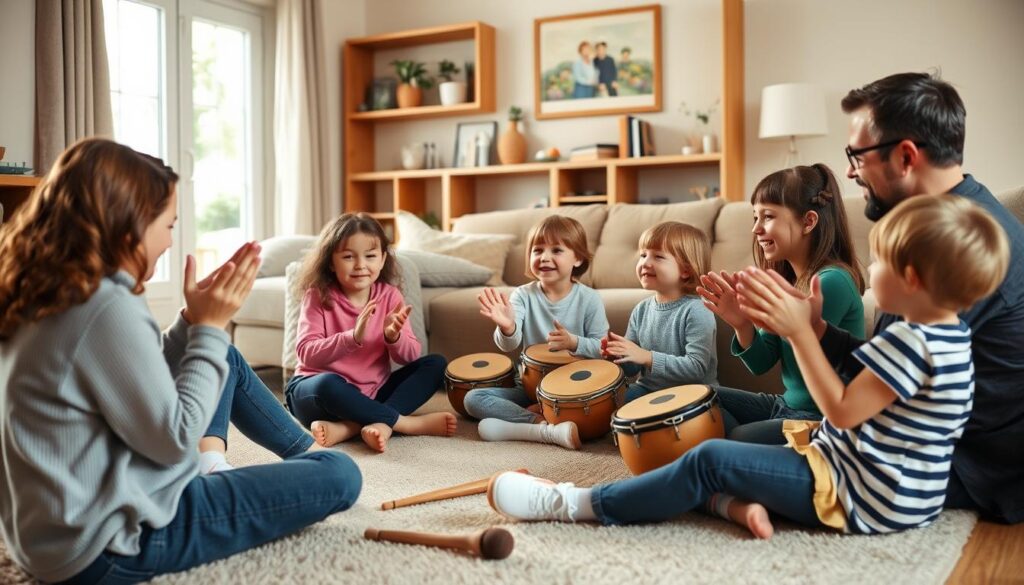 Happy family playing rhythm games together in living room Happy family playing rhythm games together in living room