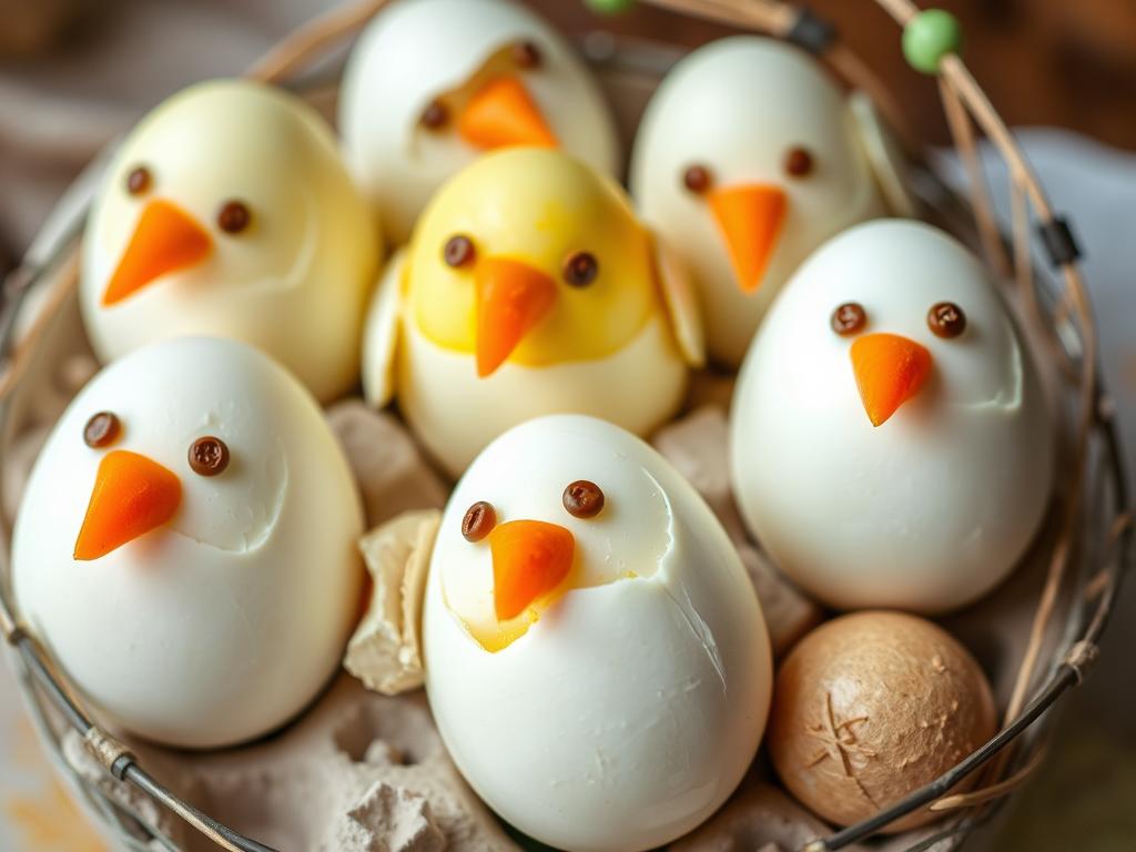 Hard-boiled egg chicks decorated to look like baby birds