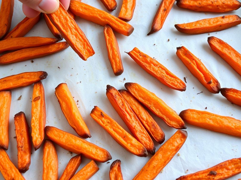 Homemade baked sweet potato fries arranged on a baking sheet