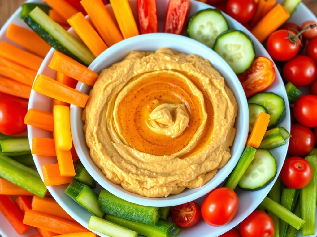 Homemade hummus with vegetable dippers arranged around it