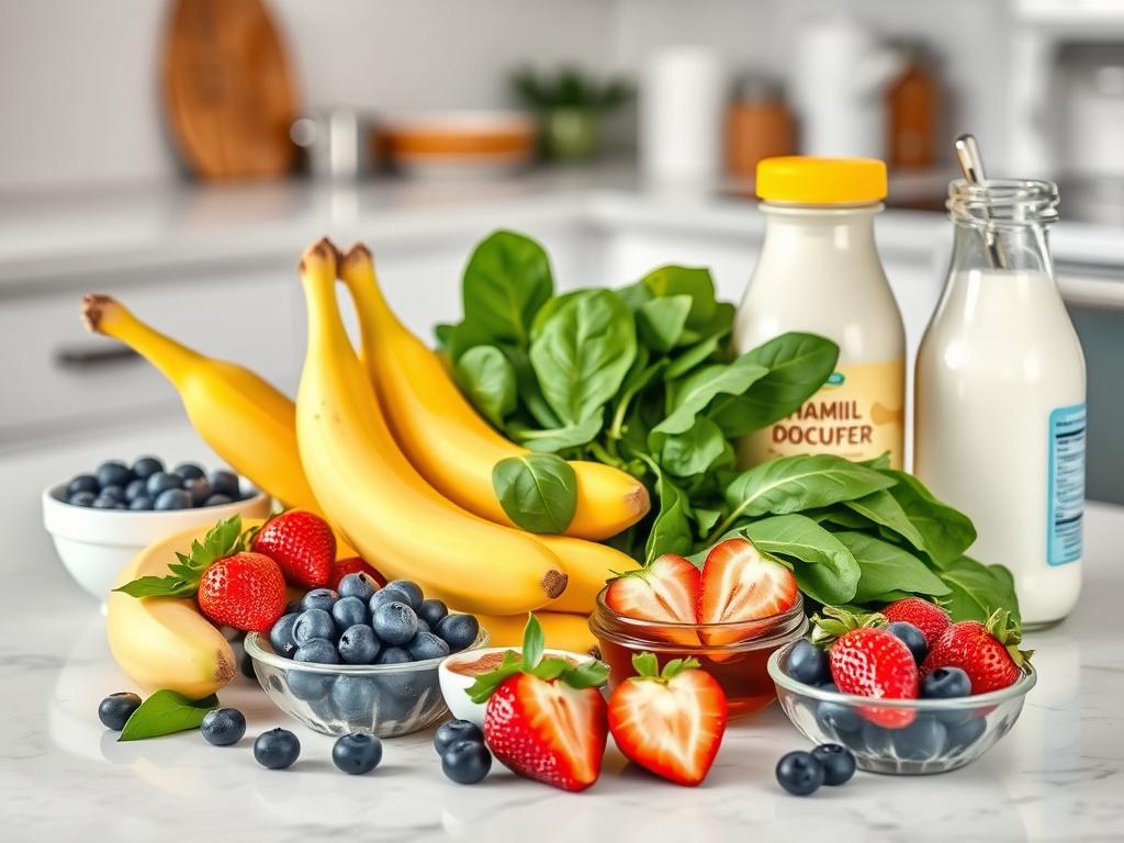 Ingredients for kid-friendly smoothie recipes arranged on a kitchen counter Ingredients for kid-friendly smoothie recipes arranged on a kitchen counter