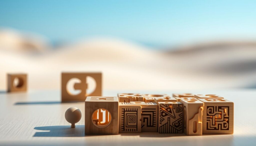 Intricate visual brain teasers, meticulously crafted against a softly blurred background. In the foreground, a collection of geometric shapes, optical illusions, and hidden patterns that challenge the observer's perception. Lighting casts gentle shadows, accentuating the depth and dimensionality of the puzzles. The middle ground features a minimalist, neutral palette, allowing the visual elements to take center stage. In the background, a subtle gradient or textured surface provides a sense of depth and atmosphere, inviting the viewer to immerse themselves in the mind-bending challenge. The overall composition evokes a sense of curiosity, engagement, and the thrill of unraveling visual mysteries.