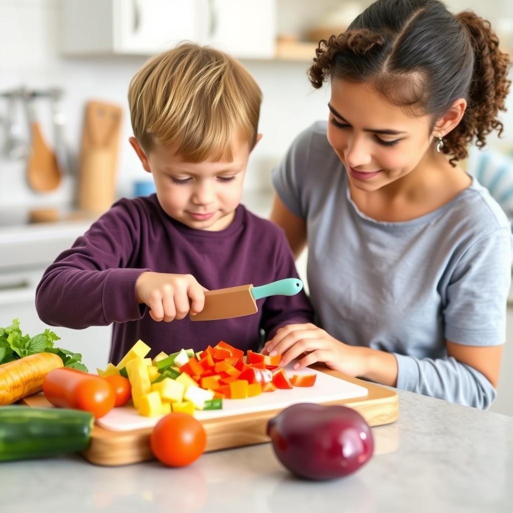 Older child chopping vegetables with a child-safe knife Older child chopping vegetables with a child-safe knife