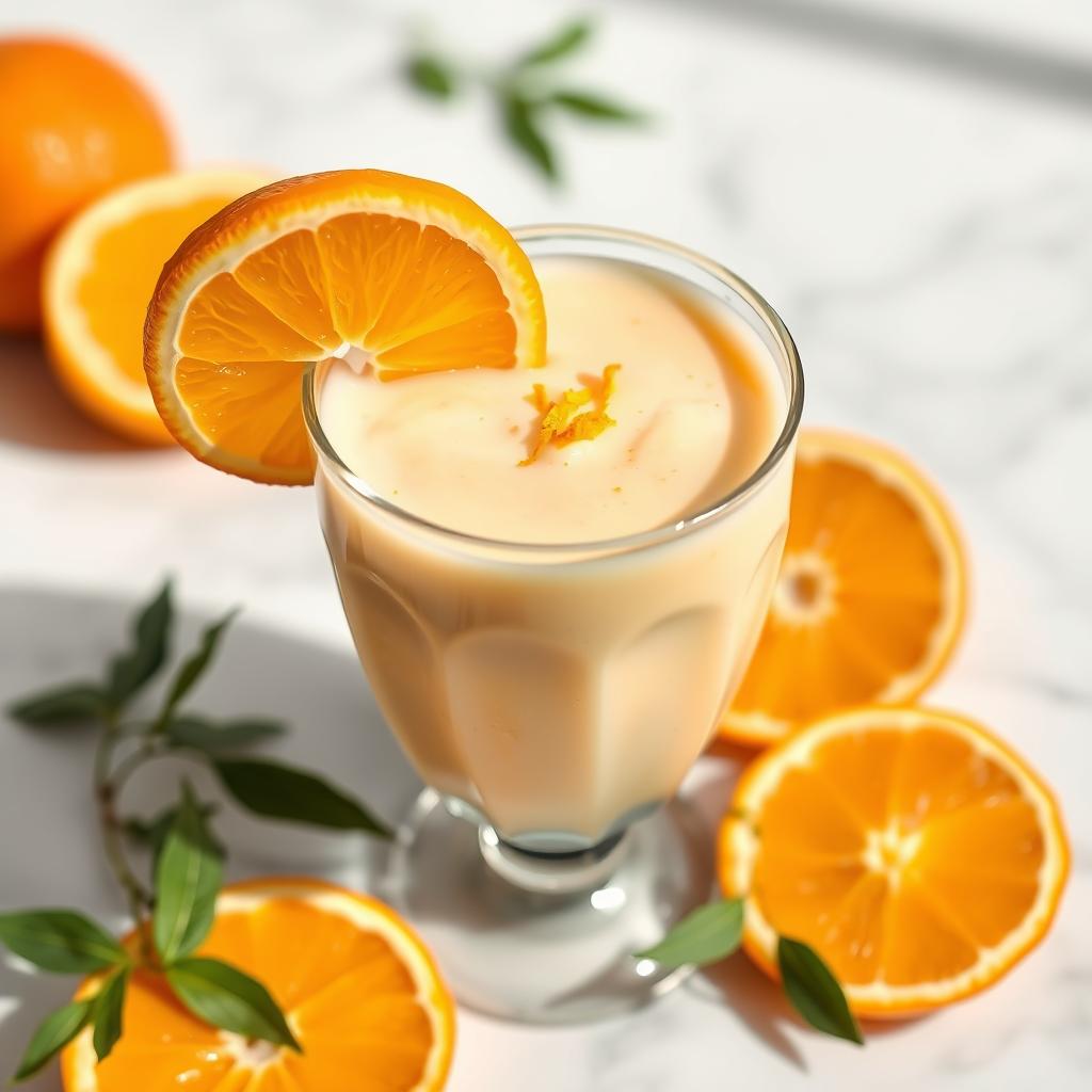 Orange creamsicle smoothie in a glass with orange slice garnish Orange creamsicle smoothie in a glass with orange slice garnish
