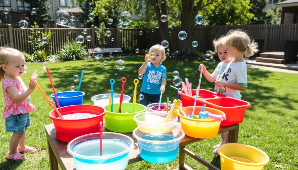 Outdoor bubble play station with various bubble tools and containers Outdoor bubble play station with various bubble tools and containers