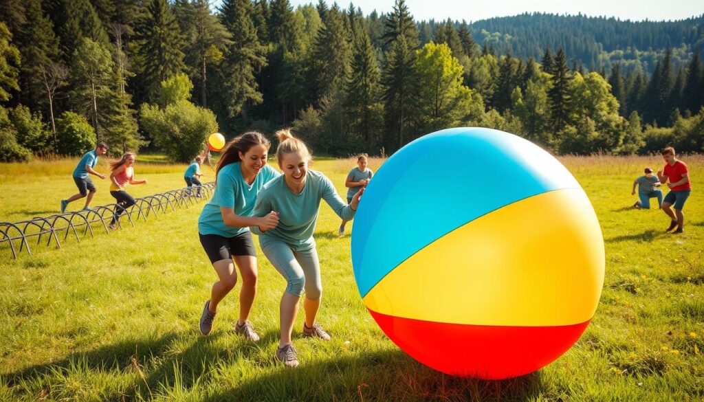 Outdoor team challenges: A vibrant, sun-dappled meadow, with a group of energetic individuals engaged in a variety of physical activities. In the foreground, a trio of teammates work together to inflate a colorful balloon, their expressions filled with determination and camaraderie. In the middle ground, another group navigates a course of obstacles, leaping and crawling with coordinated precision. In the distant background, a forested landscape provides a lush, natural backdrop, lending an aura of adventure and exploration. The scene is bathed in warm, golden light, capturing the spirit of teamwork, problem-solving, and the joy of outdoor exploration. Outdoor team challenges: A vibrant, sun-dappled meadow, with a group of energetic individuals engaged in a variety of physical activities. In the foreground, a trio of teammates work together to inflate a colorful balloon, their expressions filled with determination and camaraderie. In the middle ground, another group navigates a course of obstacles, leaping and crawling with coordinated precision. In the distant background, a forested landscape provides a lush, natural backdrop, lending an aura of adventure and exploration. The scene is bathed in warm, golden light, capturing the spirit of teamwork, problem-solving, and the joy of outdoor exploration.