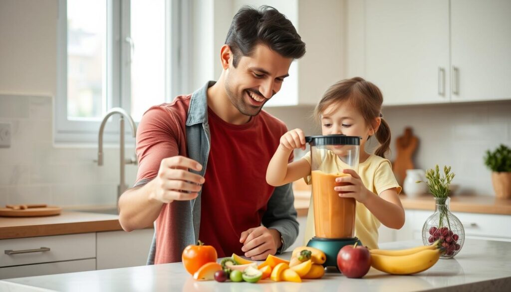 Parent and child making smoothies together in kitchen Parent and child making smoothies together in kitchen