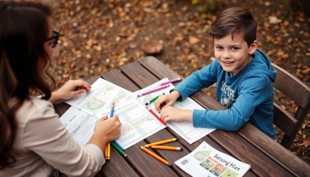 Parent and child planning a nature scavenger hunt with maps and checklists Parent and child planning a nature scavenger hunt with maps and checklists