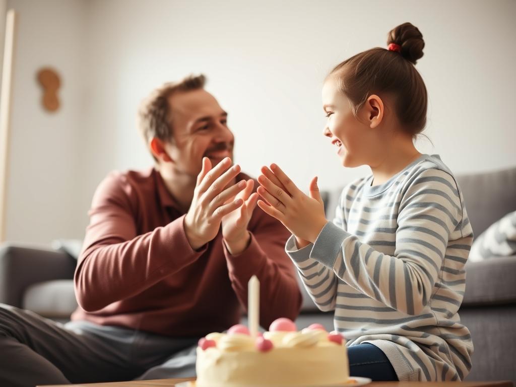 Parent and child playing Pat-a-Cake rhythm game with smiles Parent and child playing Pat-a-Cake rhythm game with smiles