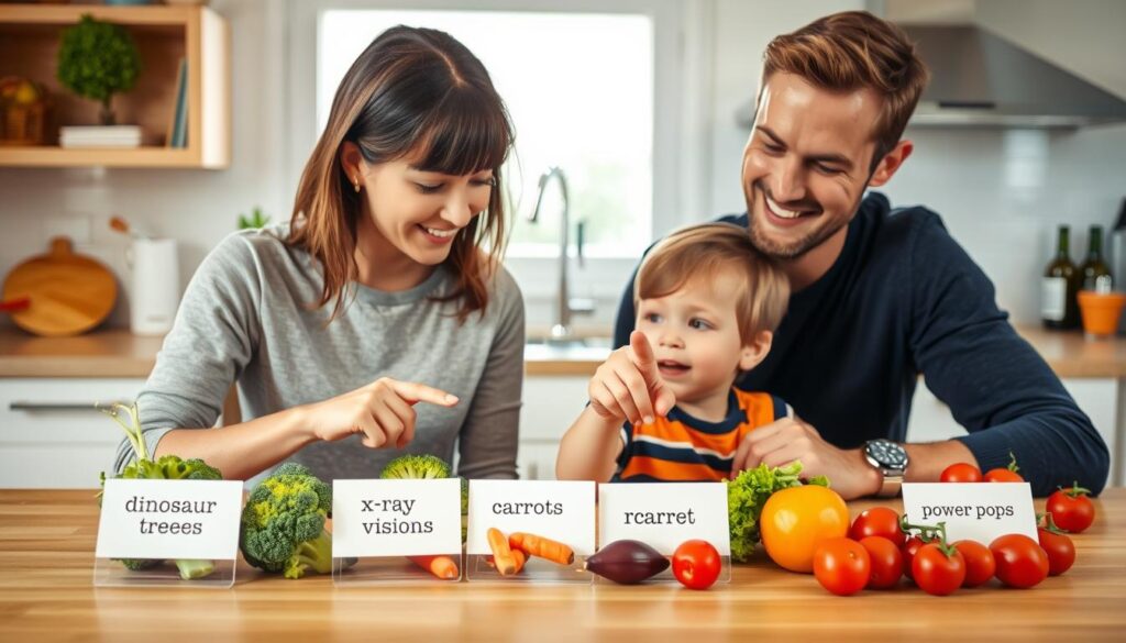 Parent and child pointing at vegetables with fun name cards
