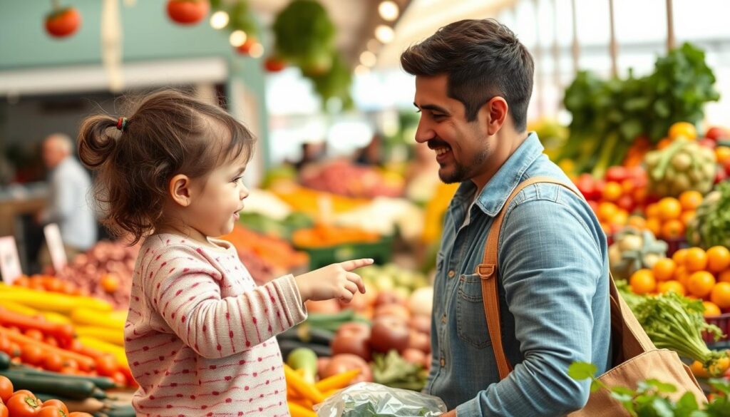 Parent and child selecting vegetables at a farmer's market