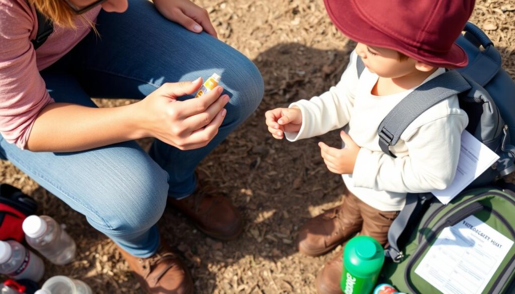 Parent applying sunscreen to child before a nature scavenger hunt Parent applying sunscreen to child before a nature scavenger hunt