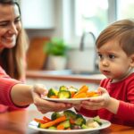Parent offering colorful vegetables to a hesitant child at the dinner table