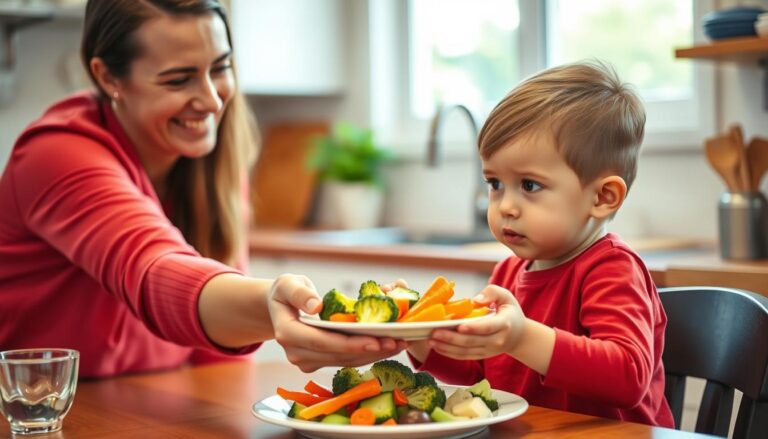 Parent offering colorful vegetables to a hesitant child at the dinner table