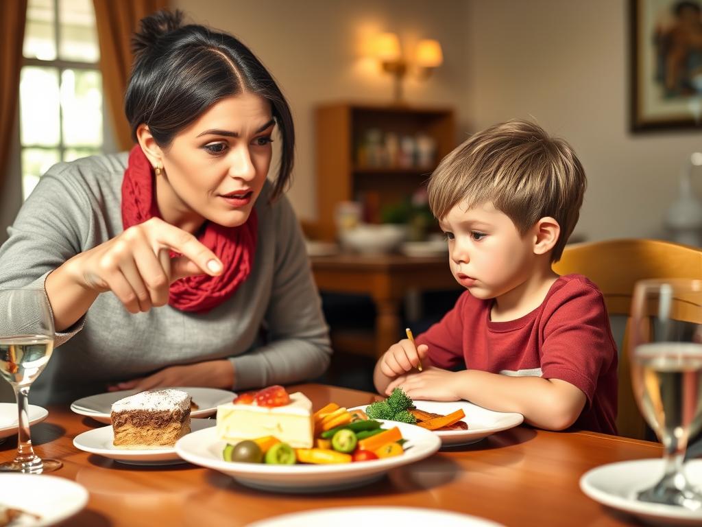 Parent offering dessert as reward for eating vegetables