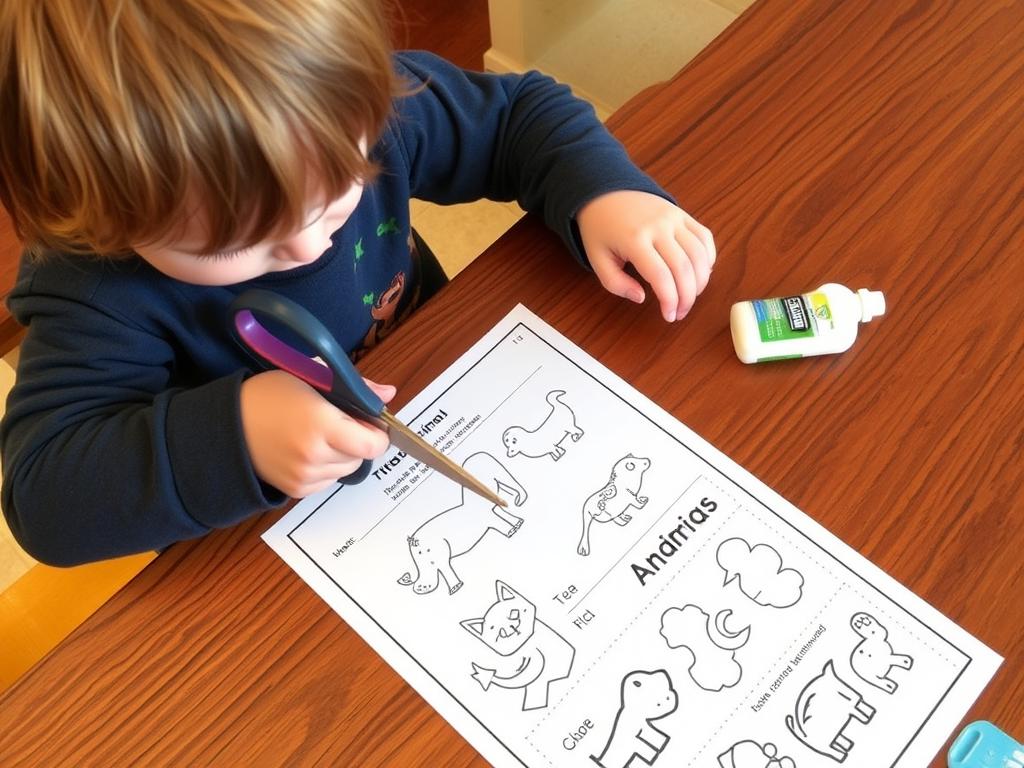 Preschooler working on animal-themed cut and paste activity
