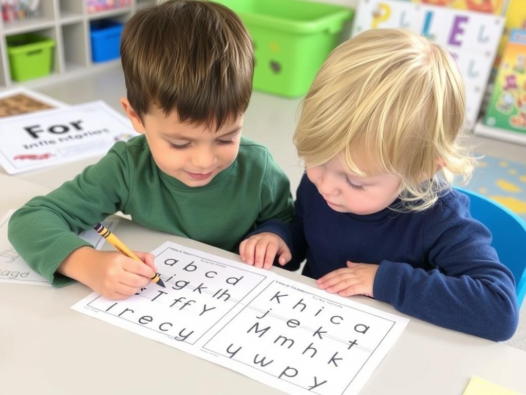 Preschooler working on letter matching worksheet Preschooler working on letter matching worksheet