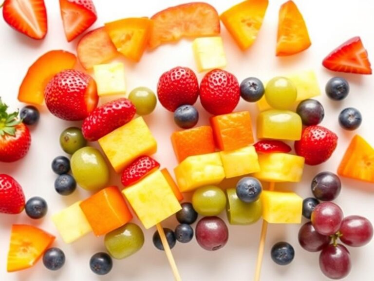Rainbow fruit kabobs with various colorful fruits arranged in rainbow order on wooden skewers