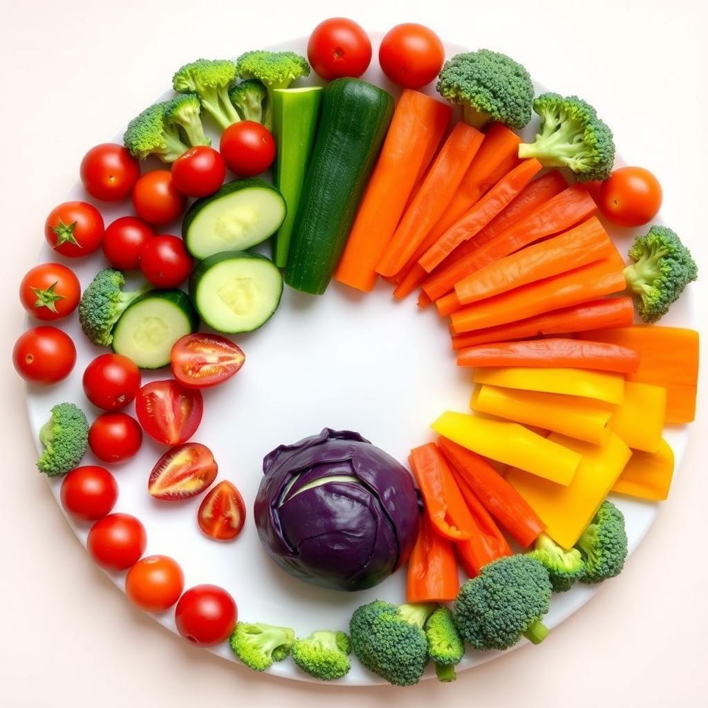 Rainbow vegetable platter arranged by color Rainbow vegetable platter arranged by color