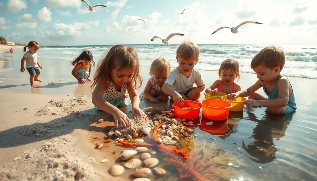 Sensory play ocean activities: a sun-dappled beach, waves lapping the shore, children joyfully exploring tidal pools, sifting through sand, and playing with shell-filled buckets. Vibrant coral, kelp, and sea creatures in a shallow lagoon invite touch and discovery. Overhead, seagulls soar in a bright, cloud-dotted sky. Warm, golden lighting casts a serene, inviting atmosphere, captured through a wide-angle lens that emphasizes the expansive, tranquil setting. Textures, movement, and the soothing sounds of the ocean stimulate the senses, fostering an immersive, hands-on learning experience inspired by the wonders of the deep. Sensory play ocean activities: a sun-dappled beach, waves lapping the shore, children joyfully exploring tidal pools, sifting through sand, and playing with shell-filled buckets. Vibrant coral, kelp, and sea creatures in a shallow lagoon invite touch and discovery. Overhead, seagulls soar in a bright, cloud-dotted sky. Warm, golden lighting casts a serene, inviting atmosphere, captured through a wide-angle lens that emphasizes the expansive, tranquil setting. Textures, movement, and the soothing sounds of the ocean stimulate the senses, fostering an immersive, hands-on learning experience inspired by the wonders of the deep.