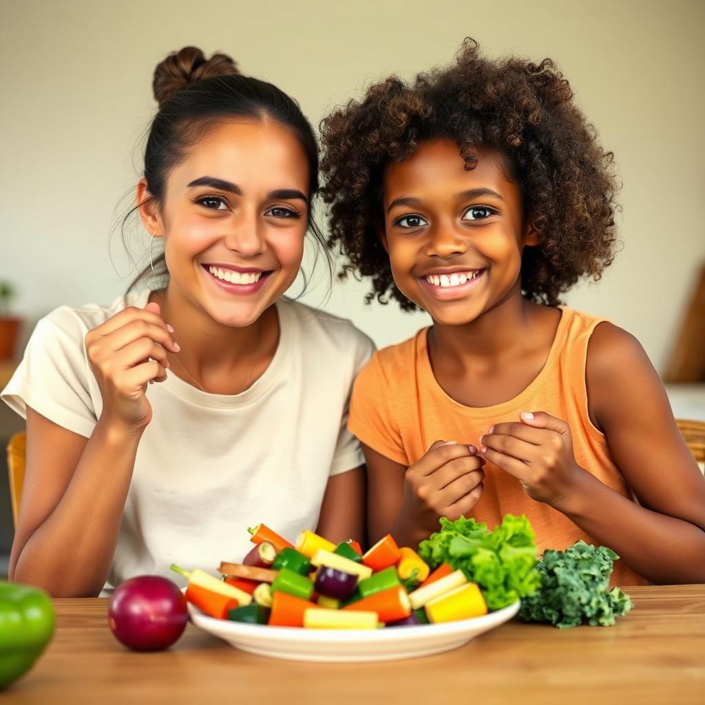 Smiling mother with young daughter eating vegetables Smiling mother with young daughter eating vegetables