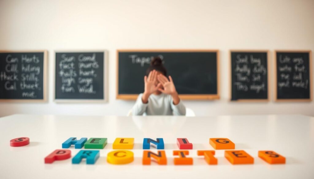 Step-by-step phonics instruction guide displayed on a clean, white table. In the foreground, colorful letter tiles are arranged in a clear sequence, representing the fundamental building blocks of phonics. In the middle ground, a teacher's hands demonstrate the proper hand motions and mouth shapes for pronouncing each letter sound. The background is softly lit, with a minimalist chalkboard providing a simple, uncluttered setting. The overall atmosphere conveys a sense of structured, methodical learning through a combination of visual, kinesthetic, and auditory elements essential for effective phonics instruction.