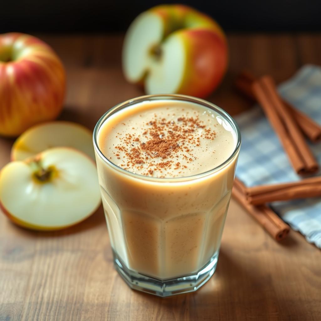 Tan-colored apple pie smoothie with cinnamon sprinkle on top Tan-colored apple pie smoothie with cinnamon sprinkle on top