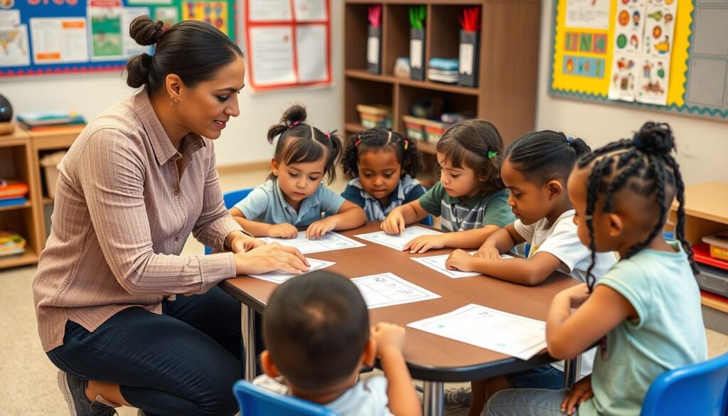 Teacher helping students with matching worksheets in classroom Teacher helping students with matching worksheets in classroom