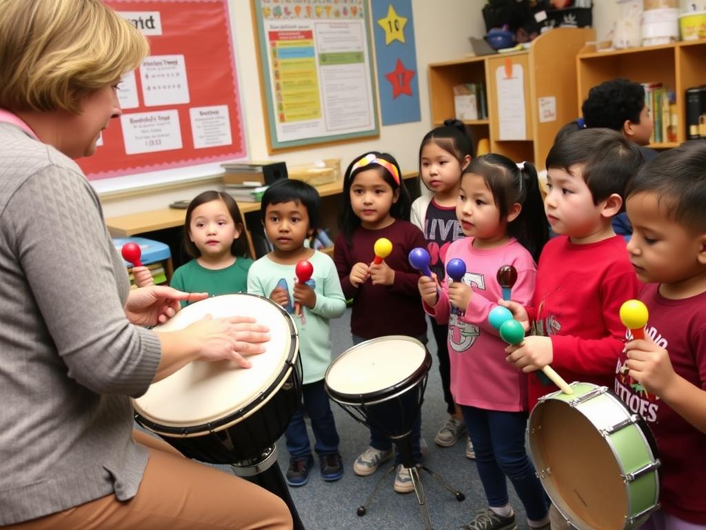 Teacher leading a rhythm echo game with elementary students using percussion instruments Teacher leading a rhythm echo game with elementary students using percussion instruments