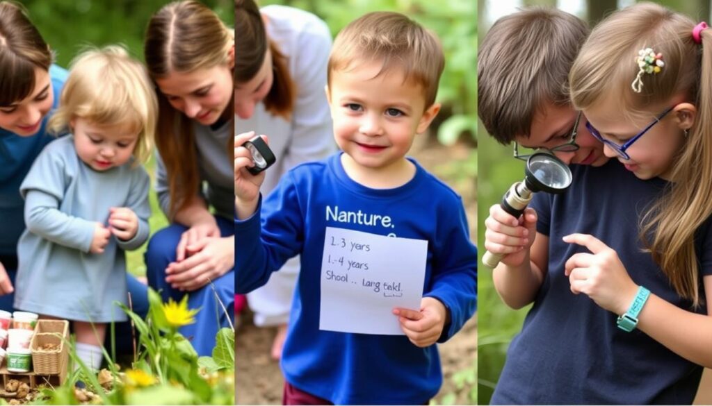 Three groups of children of different ages participating in nature scavenger hunts Three groups of children of different ages participating in nature scavenger hunts