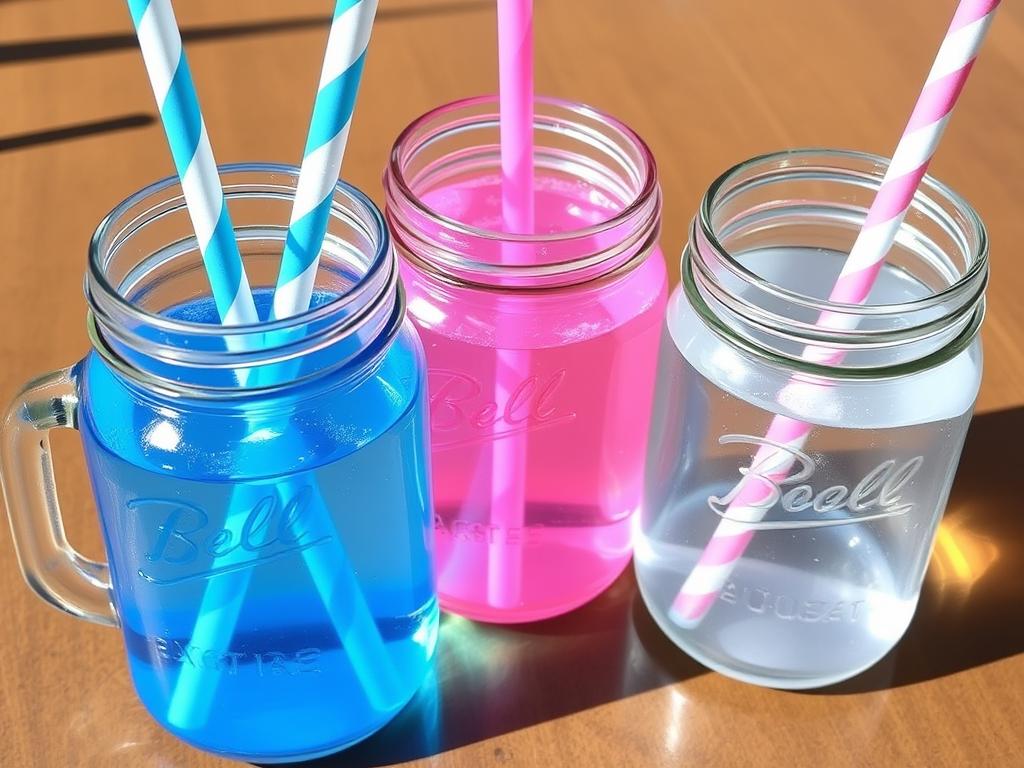 Three jars of homemade bubble solution with different colored liquids and bubble wands Three jars of homemade bubble solution with different colored liquids and bubble wands