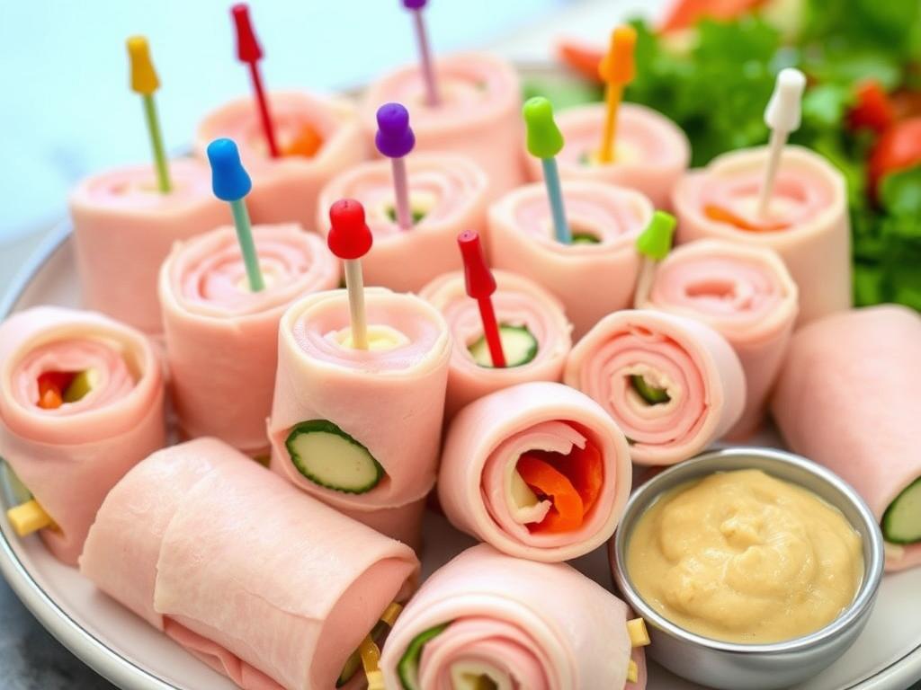 Turkey and cheese roll-ups with colorful toothpicks