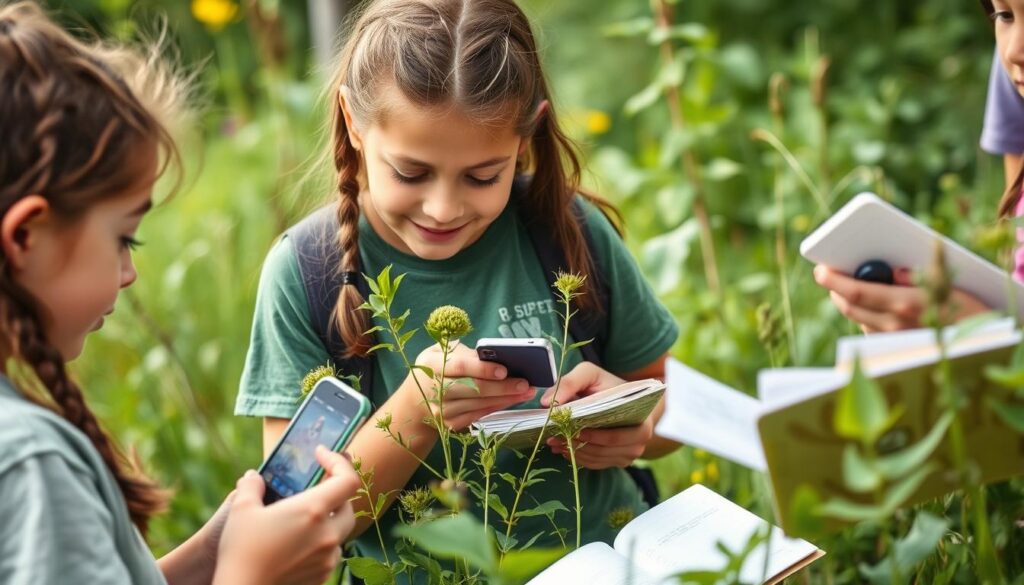 Tweens using smartphones and field guides for an advanced nature scavenger hunt Tweens using smartphones and field guides for an advanced nature scavenger hunt