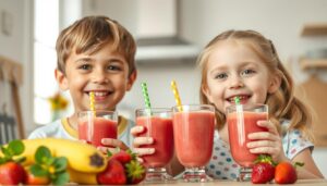 Two children enjoying colorful fruit smoothies with straws