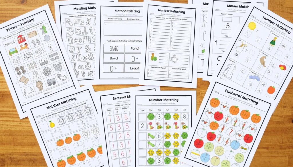 Various types of matching games worksheets displayed on a table Various types of matching games worksheets displayed on a table