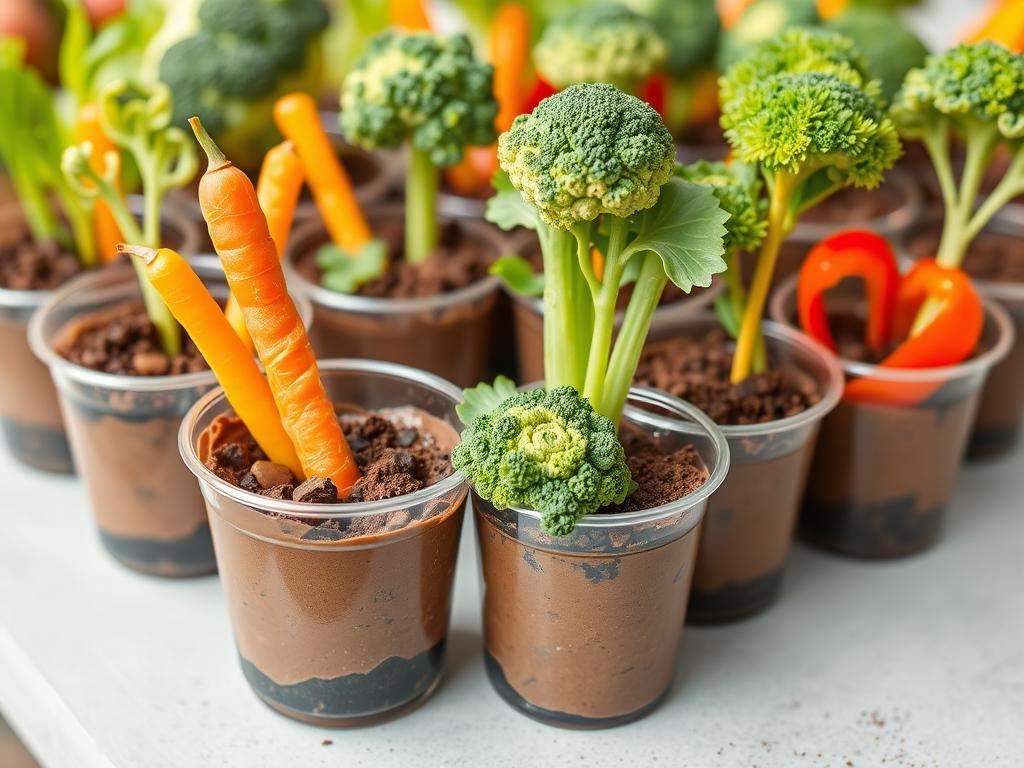 Vegetable garden cups with hummus 'dirt' and vegetable 'plants'