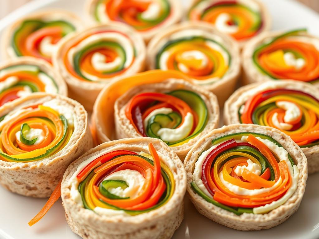 Veggie pinwheels with colorful vegetables and cream cheese in tortilla wraps
