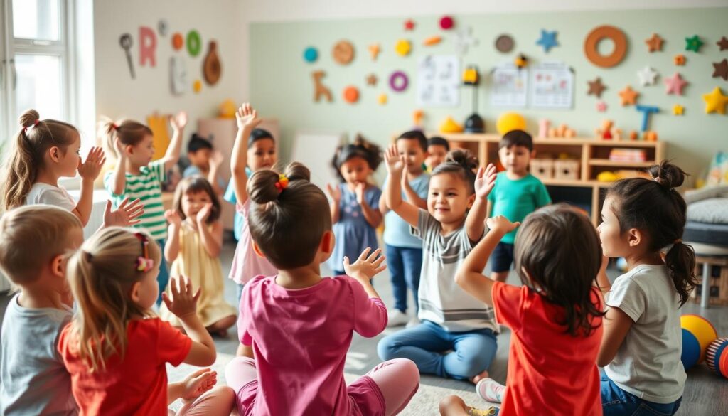 Vibrant and energetic scene of children engaged in occupational therapy movement songs. A colorful classroom with a diverse group of young students, some seated, others standing, moving their bodies in sync to the music. Soft, natural lighting illuminates their joyful expressions as they clap, stretch, and sway to the upbeat rhythm. The foreground features a teacher demonstrating the movements, guiding the children with a warm, encouraging demeanor. In the background, an array of playful props and instruments scattered across the room, adding to the lively, therapeutic atmosphere. The overall composition conveys a sense of movement, collaboration, and the therapeutic benefits of using action songs in occupational therapy sessions.