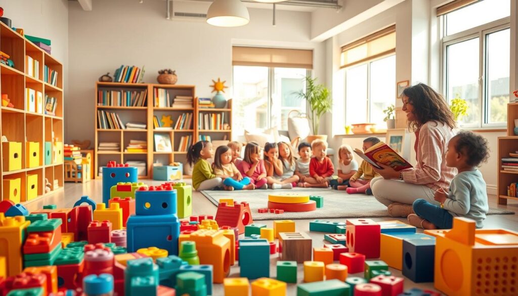 Vibrant and playful preschool setting, filled with engaging developmental tools. Foreground showcases colorful building blocks, puzzles, and art supplies, inviting young hands to explore. Middle ground features a cozy reading nook with plush pillows and a bookshelf overflowing with storybooks. In the background, a diverse group of children seated on a rug, captivated by an animated teacher leading a lively storytime session. Soft, warm lighting casts a nurturing glow, while large windows allow natural daylight to flood the space. The overall atmosphere exudes a sense of wonder, creativity, and the joy of learning.