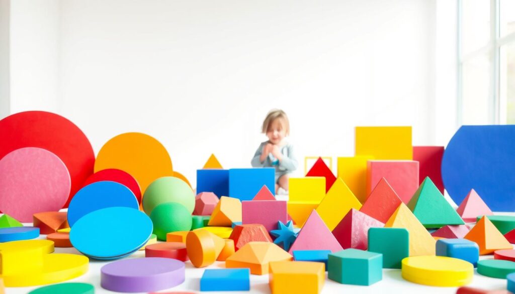 Vibrant color-shape integration activities set against a bright, airy backdrop. In the foreground, an array of geometric shapes in primary hues - circles, triangles, squares - artfully arranged in a playful, tactile display. In the middle ground, young hands gently manipulating the shapes, exploring their textures and relationships. The background features a clean, minimalist space with natural lighting filtering in, creating a sense of calm and focus. The overall scene exudes a sense of discovery, creativity, and the joy of learning through hands-on play.