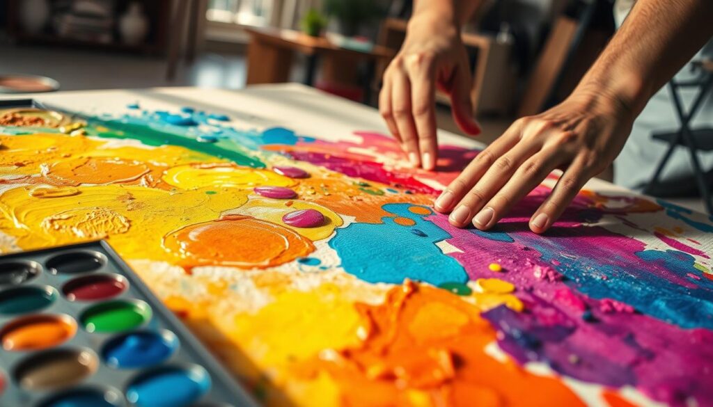 Vibrant finger painting techniques unfold on a textured canvas. In the foreground, a palette of vivid acrylic paints in a range of hues. Hands gracefully glide, leaving expressive brushstrokes and fingerprints across the surface. The middle ground features an artist's hands immersed in the creative process, exploring the tactile and expressive qualities of the medium. In the background, a serene studio setting with natural light filtering in, casting a warm glow and complementing the rich, textured palette. Convey the joy, spontaneity, and sensory experience of finger painting through this artful composition.