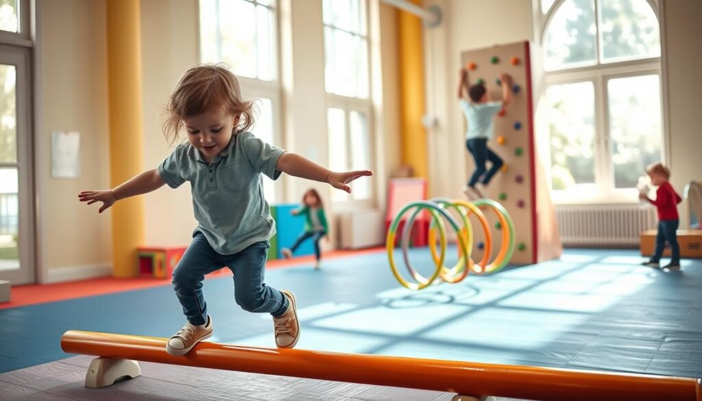Vibrant indoor setting, sunlight filtering through large windows. A group of young children, ages 5-8, engaged in a dynamic obstacle course. In the foreground, a child navigates a low balance beam, arms outstretched for stability. In the middle ground, another child leaps over a series of colorful hoops, their face filled with concentration. In the background, a third child scrambles up a small climbing wall, their small hands gripping the textured surface. The atmosphere is one of joyful movement and discovery, as the children explore their gross motor skills through playful challenges.