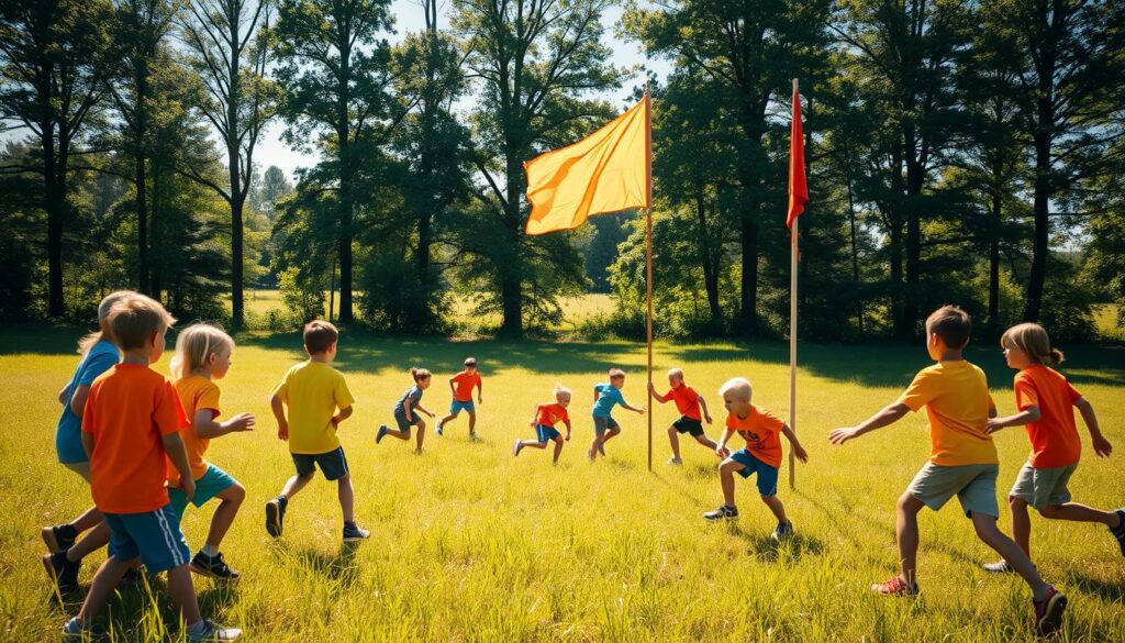 Vibrant outdoor scene of a Capture the Flag game, with a group of children playing in a lush, sun-dappled meadow. In the foreground, two teams in brightly colored shirts face off, one team's flag clearly visible on a tall pole. In the middle ground, other players dart between obstacles, strategizing and chasing after the flag. Tall trees line the background, casting long shadows across the grass. The lighting is warm and natural, creating a sense of energy and adventure. The composition captures the teamwork, excitement, and camaraderie of this classic outdoor game.