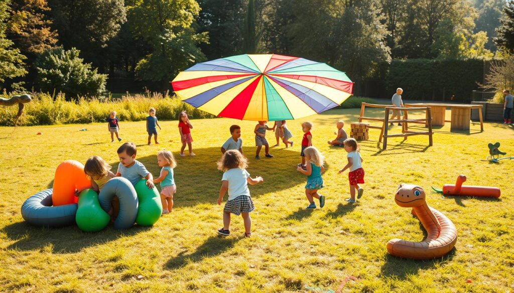 Vibrant outdoor scene, sun-dappled field dotted with lively toddlers engaged in creative games. In the foreground, a group plays with giant inflatable shapes, joyfully rolling, stacking, and rearranging them. In the middle ground, a colorful parachute billows as children grasp the edges, creating a swirling cloud above. In the background, a makeshift obstacle course of oversized building blocks and wooden planks encourages exploration and physical play. Warm, natural lighting casts a golden glow, capturing the sense of wonder and boundless energy. Subtle, whimsical details - a giant garden snake sculpture, colorful chalk drawings on the ground - add to the playful, imaginative atmosphere.