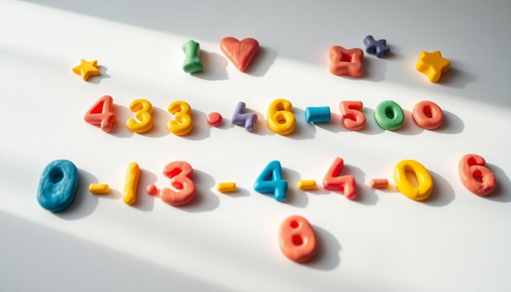 Vibrant playdough number line activities, meticulously crafted on a well-lit tabletop. Colorful dough numbers and shapes artfully arranged in a linear progression, inviting hands-on exploration of basic addition concepts. Soft, tactile textures contrast with the clean, minimalist backdrop, creating a whimsical, educational setting. Gentle shadows and highlights accentuate the three-dimensional nature of the display, drawing the viewer's attention to the engaging, hands-on learning experience. The scene radiates a sense of playful discovery, perfectly encapsulating the "Basic Addition in Action" theme.
