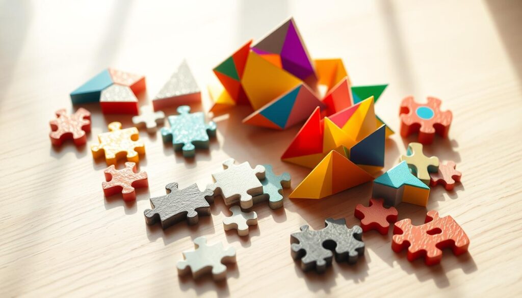 Vibrant, well-lit cognitive benefits puzzles arranged on a clean, minimalist wooden table. The puzzles, ranging from tangrams to jigsaw puzzles, exude a sense of intellectual challenge and mental stimulation. Soft, natural lighting cascades across the scene, creating depth and highlighting the intricate details of the puzzles. The arrangement is balanced, with puzzles of different shapes and colors complementing each other. The overall atmosphere conveys the idea of exercising the mind, encouraging the viewer to engage with these brain-training activities.