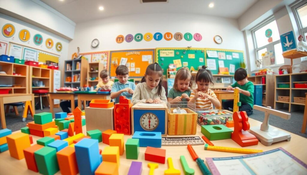 Warm, vibrant classroom setting with diverse array of measurement-themed interactive games and activities. Foreground features colorful blocks, rulers, scales, and other hands-on manipulatives arranged in an inviting display. Middle ground shows children of various ages engaged in playful experiments, measuring and comparing different objects. Background depicts cheerful wall decor, educational posters, and learning materials that reinforce metric and customary measurement concepts. Soft, diffused lighting creates a welcoming atmosphere, while a slight fisheye lens effect emphasizes the sense of exploration and discovery. An inclusive, accessible space that inspires curiosity and builds essential mathematical skills.