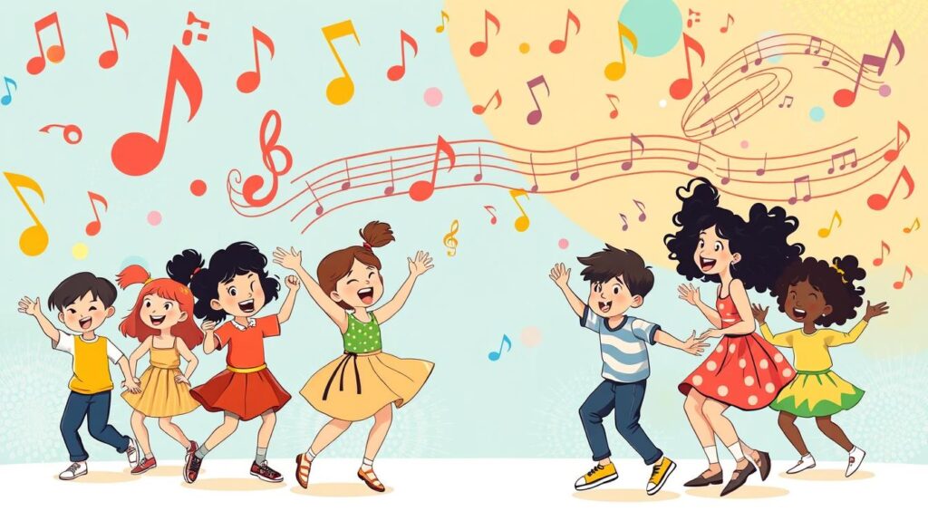 Whimsical and vibrant musical themes for a lively kids' dance party. A colorful, illustrated background featuring playful musical notes, swirling treble clefs, and dynamic rhythmic patterns. In the foreground, a lively group of diverse children dancing enthusiastically to the beat, their movements captured in a dynamic, energetic pose. Bright, saturated colors, a sense of joy and celebration, and a stylized, hand-drawn aesthetic to create an immersive, engaging musical atmosphere. Soft, diffused lighting illuminates the scene, adding depth and a sense of wonder. The overall composition should convey a sense of playfulness, creativity, and the pure joy of music and dance.
