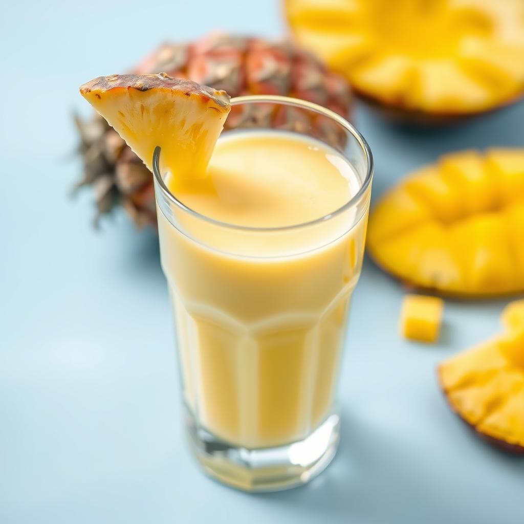 Yellow tropical smoothie in a glass with pineapple wedge garnish Yellow tropical smoothie in a glass with pineapple wedge garnish