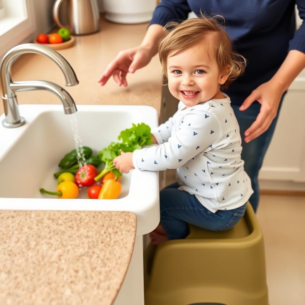 Young child washing vegetables at the sink Young child washing vegetables at the sink